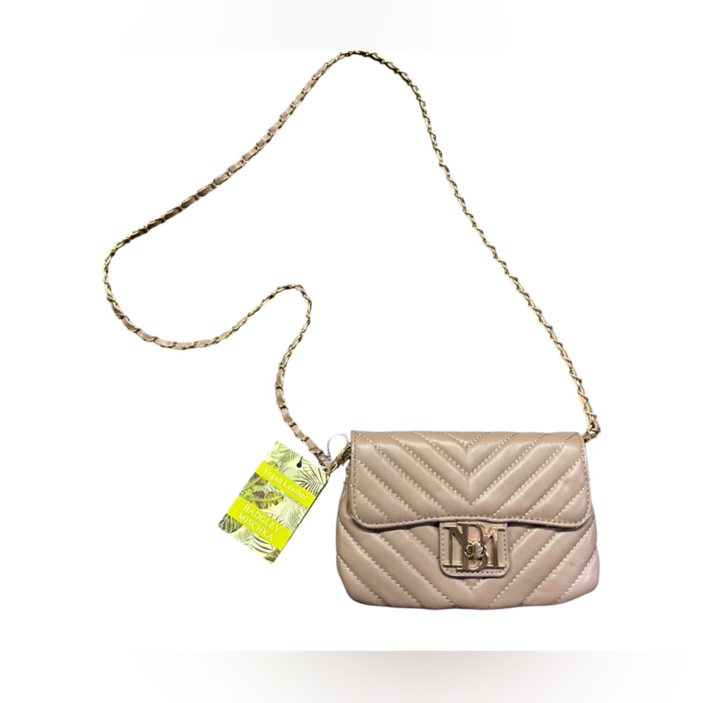 BADGLEY MISCHKA Vegan Leather Taupe Phone Crossbody Letter Lock in Front Bag NWT